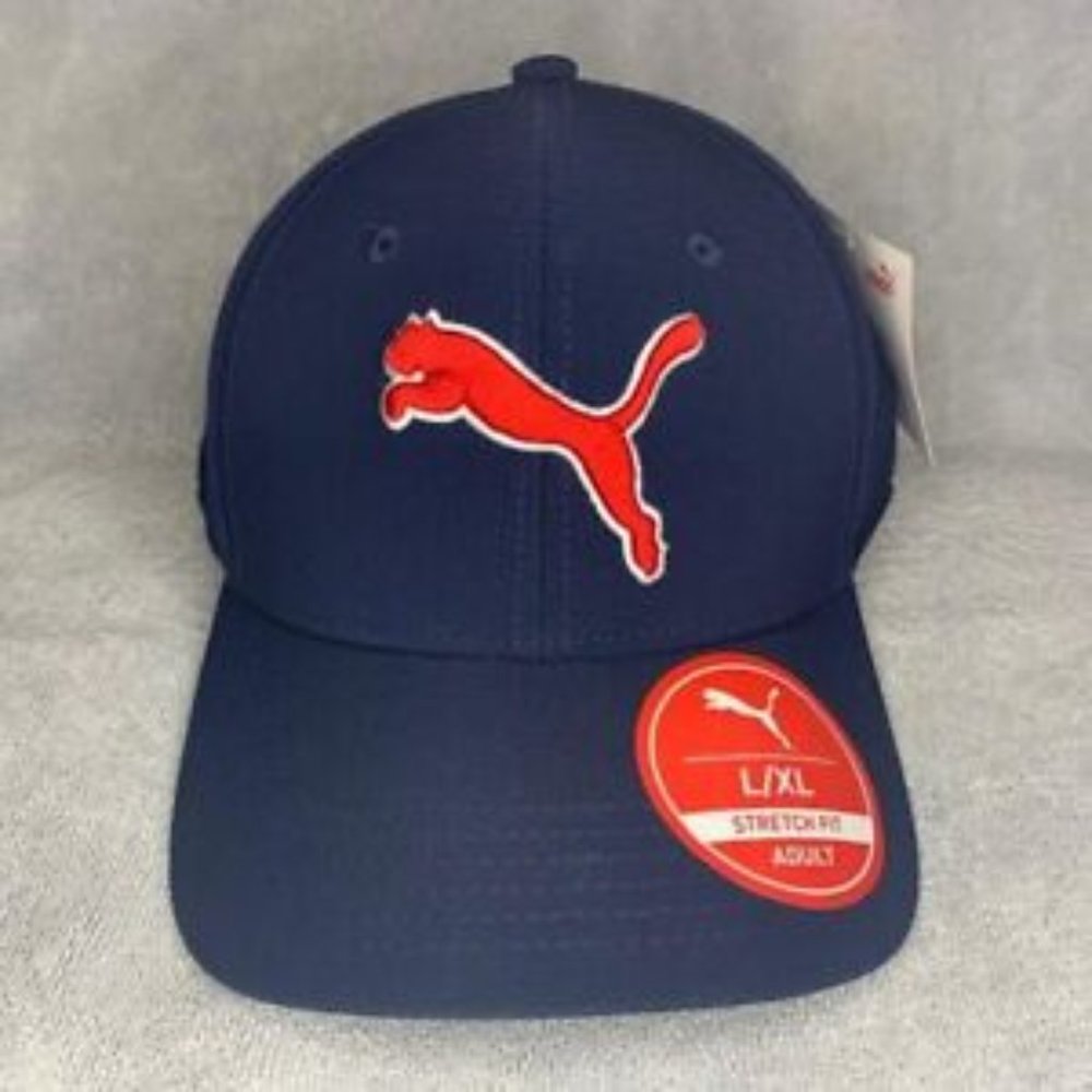 NWT Puma Stretch Fit Adult L/XL Navy Blue Red White Hat Cap